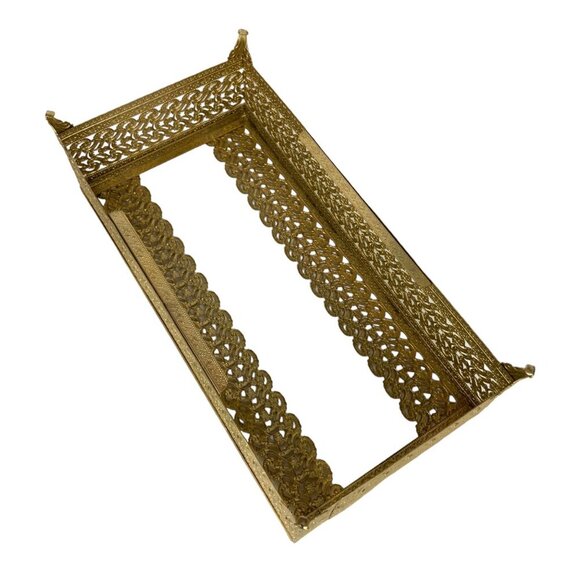 Gold Gilt Metal Filigree Tissue Box Holder Rectangular Footed Hollywood Regency - Picture 6 of 6
